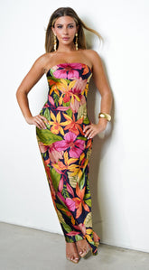 Muse Tropical Print Satin Strapless Maxi Dress - Multi Black